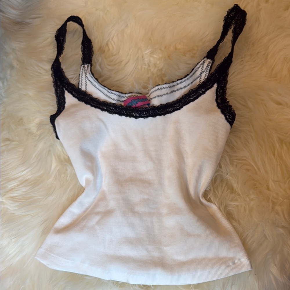 White Tank Top with Black Lace Trim